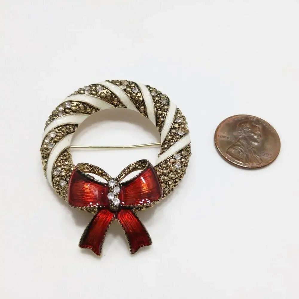 Vintage Christmas Wreath Enamel Brooch, Red Bow, 1960s, 2 Inches